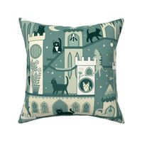 Realm of the cats, night - cat castle, climbing tree, moon and flowers - dusty green and creamy yellow - extra large