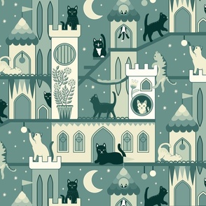 Realm of the cats, night - cat castle, climbing tree, moon and flowers - dusty green and creamy yellow - extra large