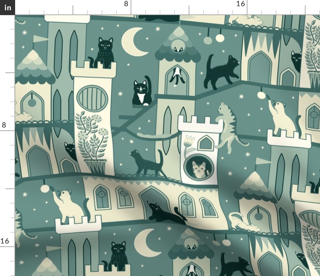 Realm of the cats, night - cat castle, climbing tree, moon and flowers - dusty green and creamy yellow - extra large