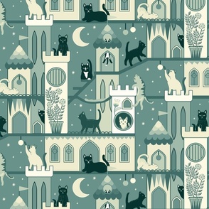 Realm of the cats, night - cat castle, climbing tree, moon and flowers - dusty green and creamy yellow - large