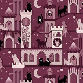 Realm of the cats, night - cat castle, climbing tree, moon and flowers - burgundy and dusty rose monochrome - large