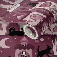 Realm of the cats, night - cat castle, climbing tree, moon and flowers - burgundy and dusty rose monochrome -medium