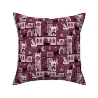 Realm of the cats, night - cat castle, climbing tree, moon and flowers - burgundy and dusty rose monochrome - small