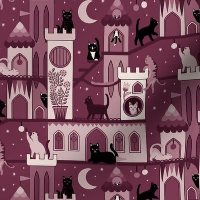 Realm of the cats, night - cat castle, climbing tree, moon and flowers - burgundy and dusty rose monochrome - small