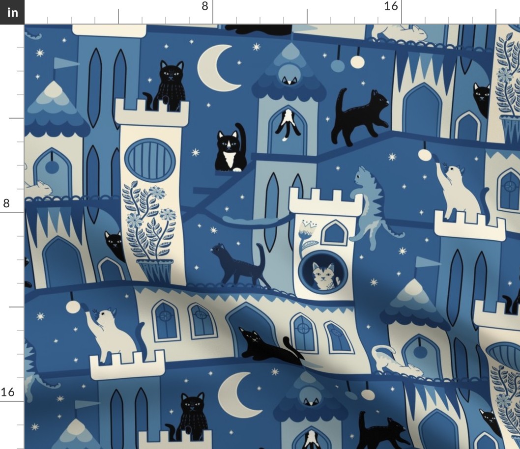 Realm of the cats, night - cat castle, climbing tree, moon and flowers - blue and cream monochrome - large