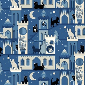 Realm of the cats, night - cat castle, climbing tree, moon and flowers - french blue and cream monochrome - medium