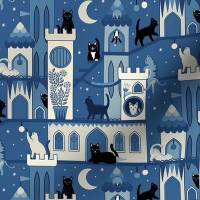 Realm of the cats, night - cat castle, climbing tree, moon and flowers - french blue and cream monochrome - small