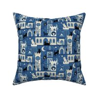 Realm of the cats, night - cat castle, climbing tree, moon and flowers - french blue and cream monochrome - small