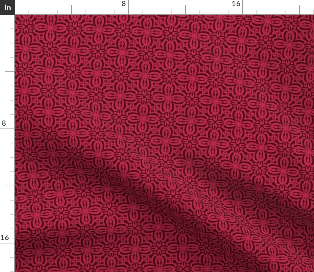 Viva Magenta and Oxblood Damask Quatrefoil Block Print by Angel Gerardo - Small Scale