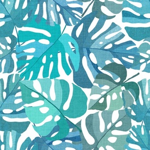Painted Turquoise Tropical Leaves on white