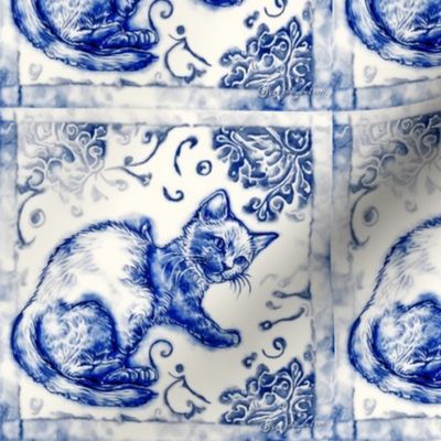 Kitten Blue Toile Delft Tile by kedoki