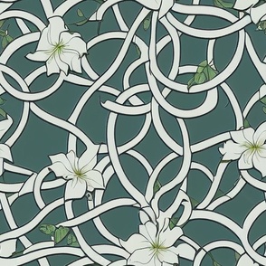 Light Gray Flowers and Trellis VInes on Dark Teal Sage by kedoki