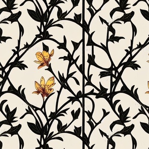 Golden Flowers on Black Trellis on Cream Wallpaper by kedoki