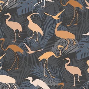 Exotic Cranes And Heron Birds With Palm Leaves Brown Beige And Grey