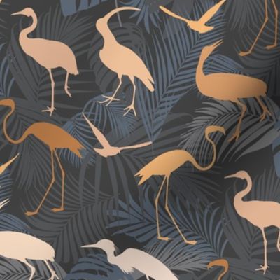 Exotic Cranes And Heron Birds With Palm Leaves Brown Beige And Grey Smaller Scale