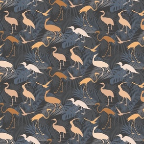 Exotic Cranes And Heron Birds With Palm Leaves Brown Beige And Grey Smaller Scale