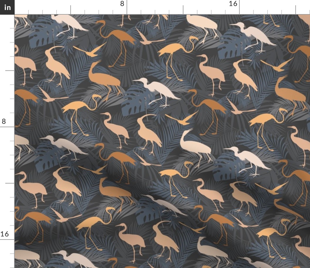 Exotic Cranes And Heron Birds With Palm Leaves Brown Beige And Grey Smaller Scale