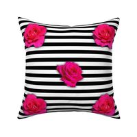 Fuchsia roses on b&w stripes