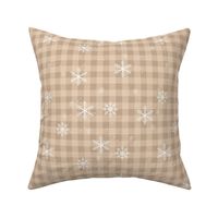 Snowflakes and Christmas plaid - gingham checker and winter wonderland snow design beige tan 
