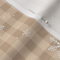 Snowflakes and Christmas plaid - gingham checker and winter wonderland snow design beige tan 