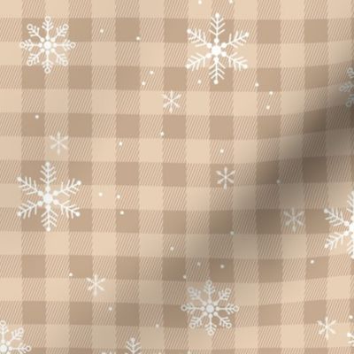 Snowflakes and Christmas plaid - gingham checker and winter wonderland snow design beige tan 