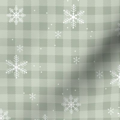 Snowflakes and Christmas plaid - gingham checker and winter wonderland snow design mint sage green 