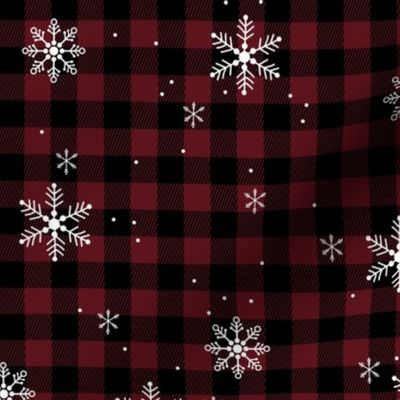Snowflakes and Christmas plaid - gingham checker and winter wonderland snow design burgundy red black 