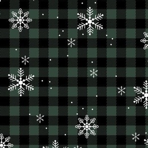 Snowflakes and Christmas plaid - gingham checker and winter wonderland snow design pine green black 