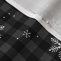 Snowflakes and Christmas plaid - gingham checker and winter wonderland snow design charcoal black 