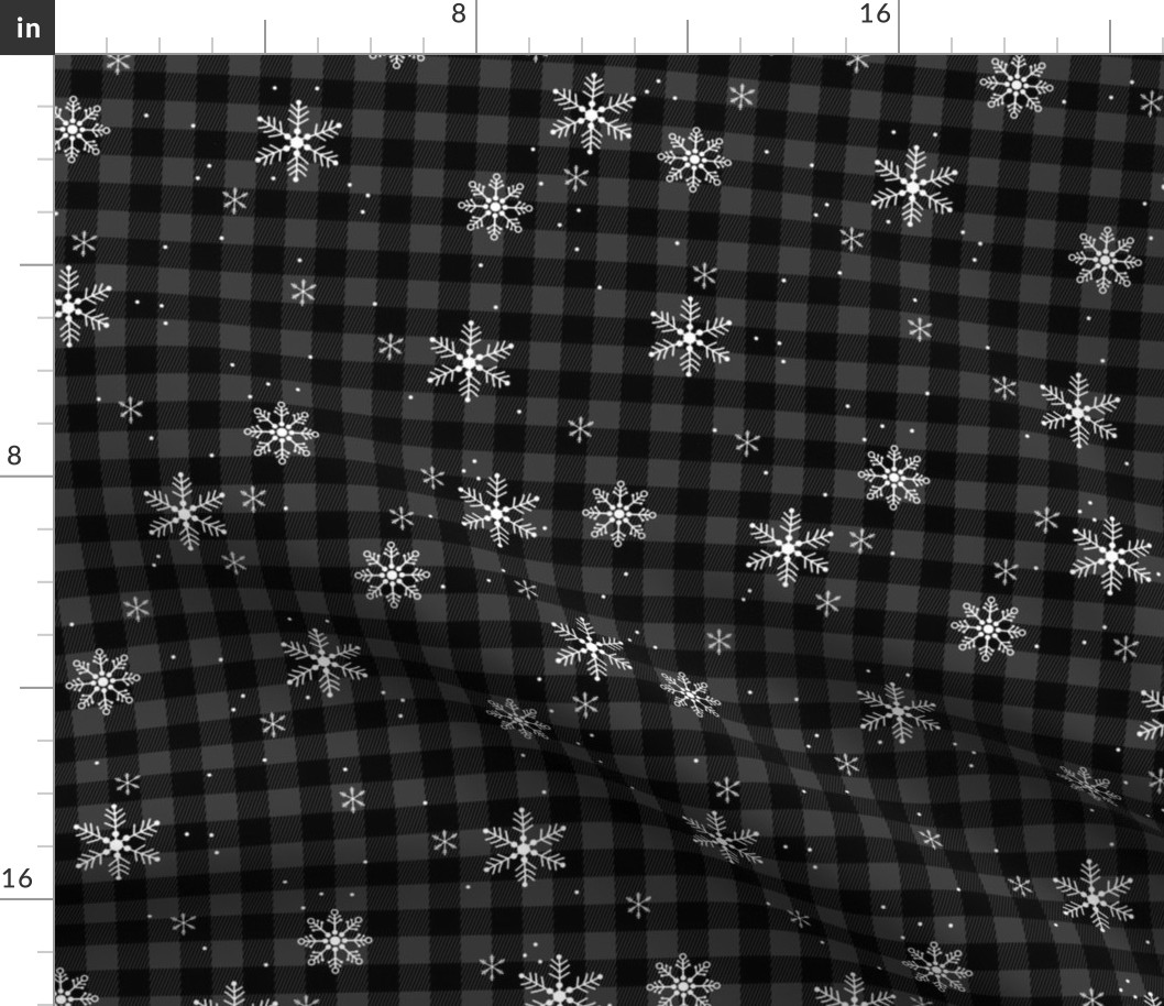Snowflakes and Christmas plaid - gingham checker and winter wonderland snow design charcoal black 