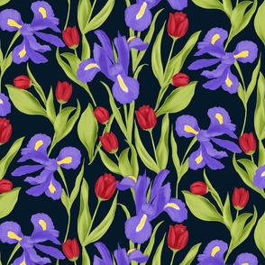 Dancing Irises and Tulips Floral on Navy