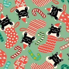 Meowy Christmas - Festive Felines - Black Cats in Xmas Stockings - Mint Green