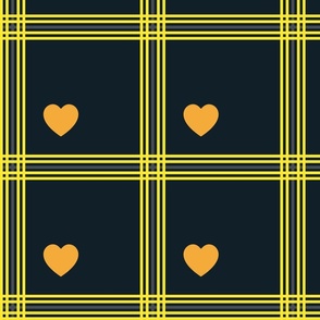 Yellow and grey plaid with orange hearts - Medium scale