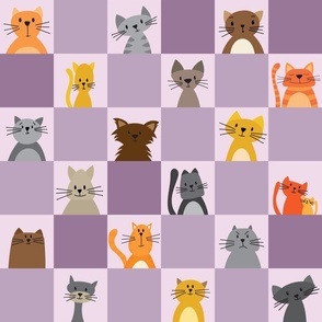 Checkerboard Cats - small - 3 inch blocks - purple