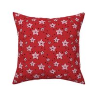 Origami Christmas stars - Star shaped ornaments and snowflakes pink on red