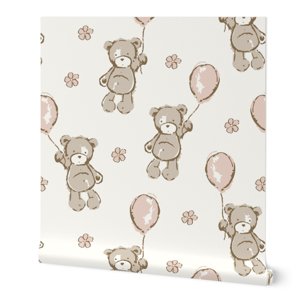 ( neutral )  vintage Teddy bears, bear, balloons, nursery, blush 
