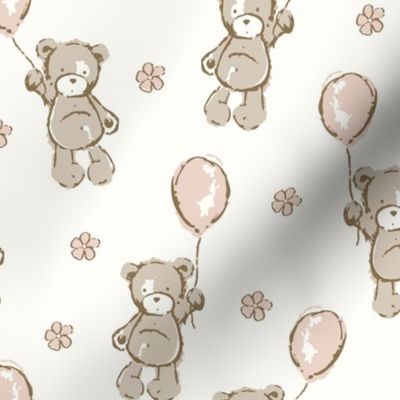 ( neutral )  vintage Teddy bears, bear, balloons, nursery, blush 