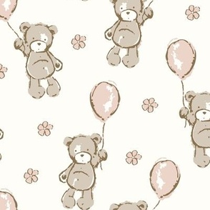 ( neutral )  vintage Teddy bears, bear, balloons, nursery, blush 