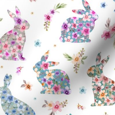 Rabbit, colorful bunnies, watercolor floral