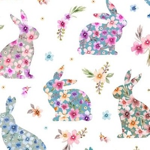 Rabbit, colorful bunnies, watercolor floral