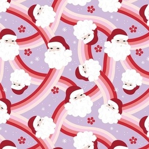 Little santa faces and rainbows - vintage seventies inspired Christmas design seasonal holiday pattern seventies red pink on lilac purple