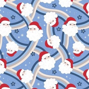 Little santa faces and rainbows - vintage seventies inspired Christmas design seasonal holiday pattern blue red white