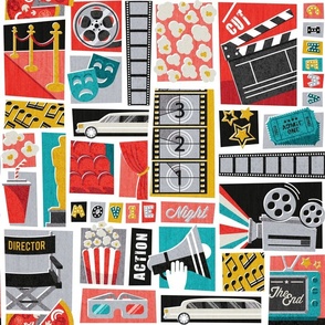 Movie night // normal scale // white background yellow neon red teal and coral film and cinema motifs