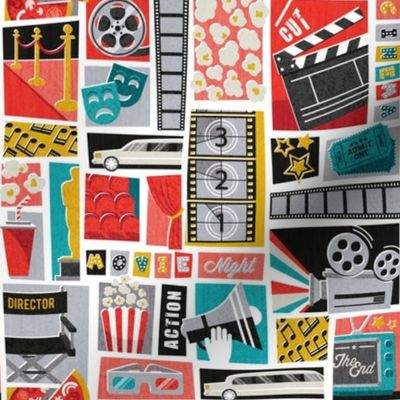 Small scale // Movie night // white background yellow neon red teal and coral film and cinema motifs