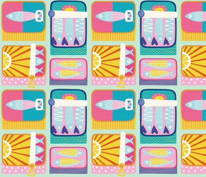 Sardines in tin cans - pink, yellow, blue, teal