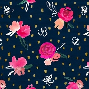 Restful Floral on Navy with Gold Dots and Pink Flowers