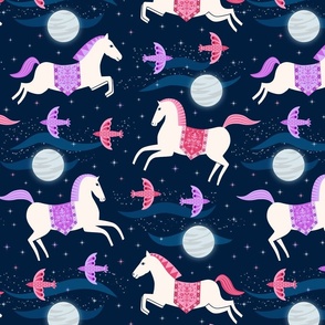 Magical white horses run in the moonlight with birds – SMALL Scale
