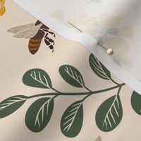 Acacia Tree and Buzzing Bees Vintage color palette Large