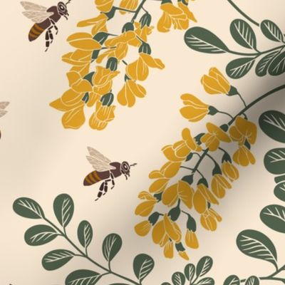 Acacia Tree and Buzzing Bees Vintage color palette Large