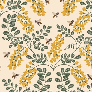 Acacia Tree and Buzzing Bees Vintage color palette Large